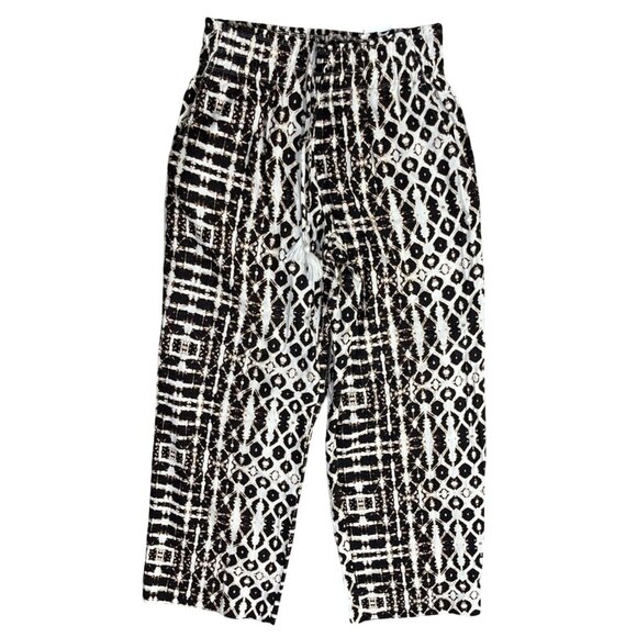 New INC Global Traveler Pants Wide Leg Size L Large Linen Blend Black Cream - Picture 1 of 10